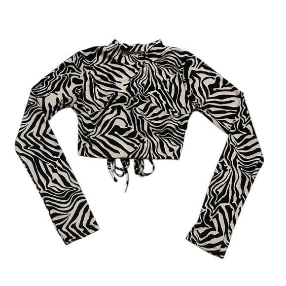 Open Back Black and White Zebra Print Long Sleeve Ribbed Crop Top Small - Picture 1 of 8